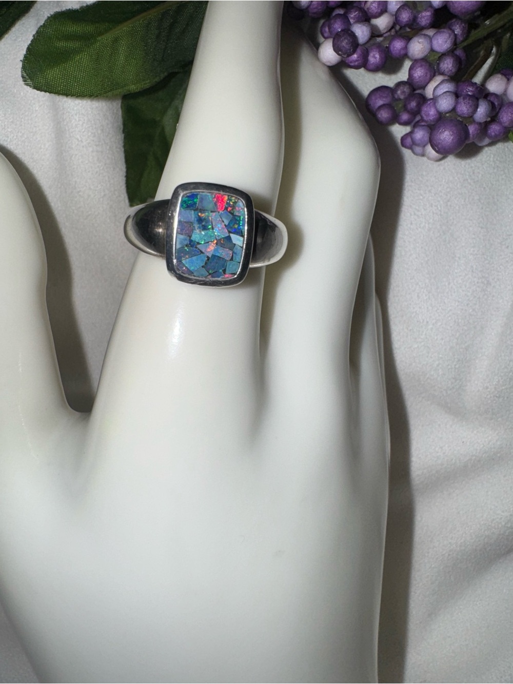 Vintage Michelle Albala Sterling Silver  Real Opal Mosaic Ring, size 9